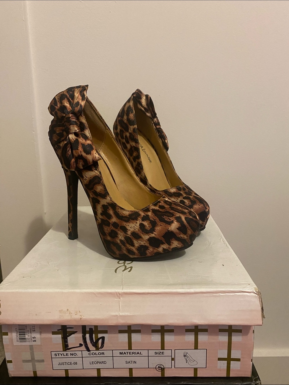 DIVA Lounge Leopard Print Satin Platform Heels with Bow Accent